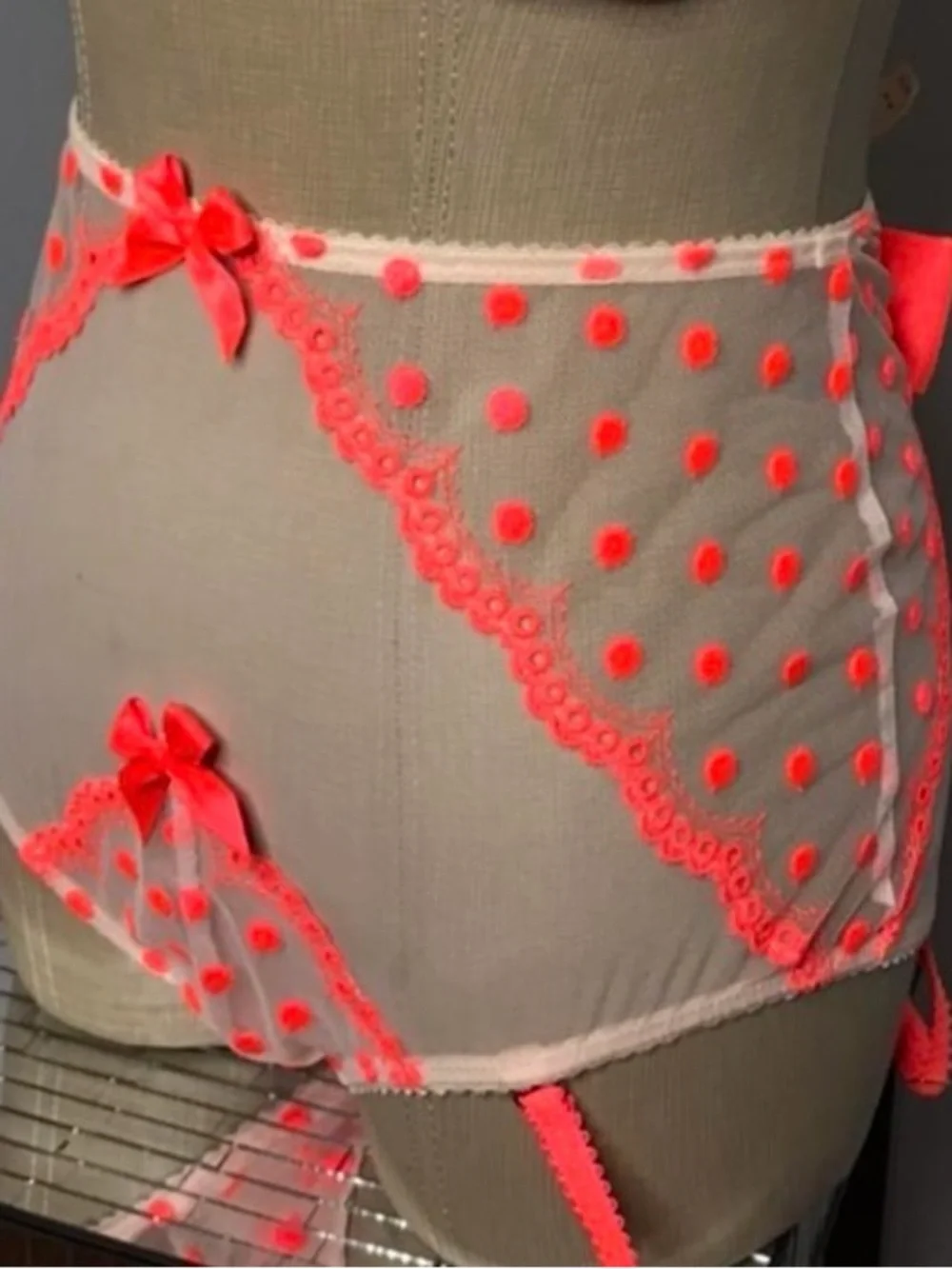 2001 VS neon coral polka dot garter panties